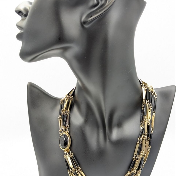 Vintage Black Glass Bugle Bead Multi Strand Gold Tone Chain Necklace 1970s - Picture 2 of 14